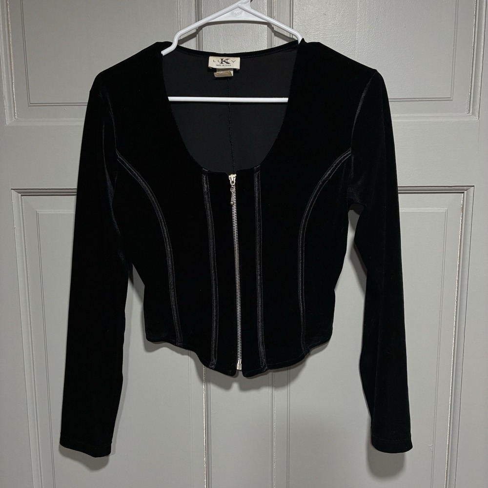 LULY K Women Small Velvet‎ Zip Front Top Y2K Fitted Long Sleeves Career Evening
